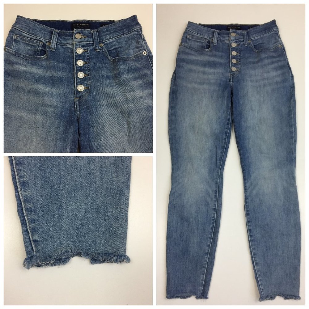 LUCKY BRAND Med/Light Wash Ankle BRIDGETTE High Waist Button Fly Raw Hem Jeans